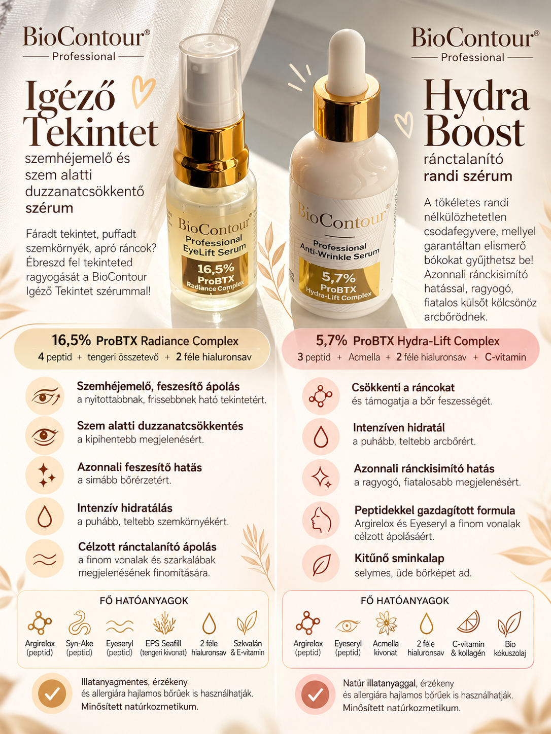 BioContour Igéző Tekintet szemkörnyékápoló szérum és Hydra Boost ránctalanító szérum a fő hatóanyagaikkal